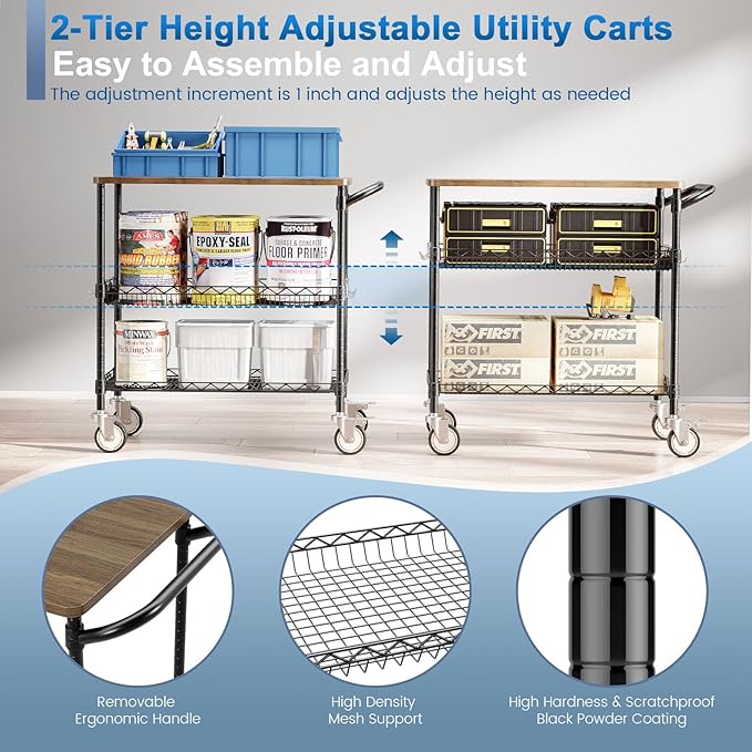 Leteuke Rolling Kitchen Carts with Wheels, 34" L x 17.5" W, 3-Tier Heavy Duty Utility Cart with Wood Tabletop, NSF Commercial Metal Serving Cart with Handle and Shelf Liner for Kitchen, Black