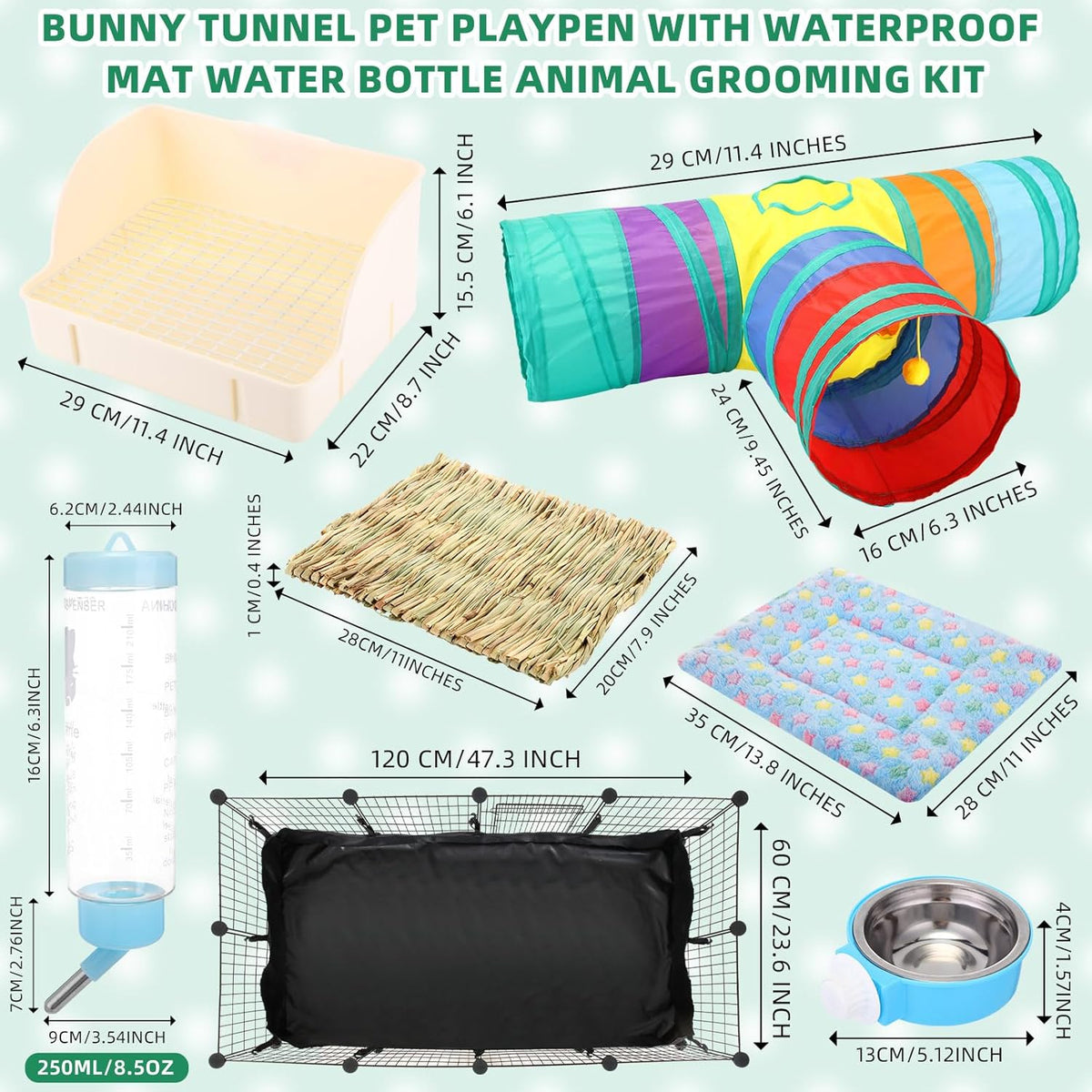 104 Pcs Rabbit Starter Kit Litter Box Bunny Tunnel Pet Playpen with Waterproof Mat Water Bottle Animal Grooming Kit Bowl Blankets with Cleaning Set for Guinea Pig Rabbit Accessories