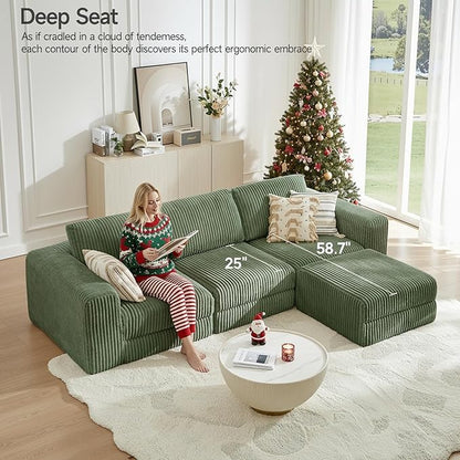 ONBRILL 110" Modular Sectional Sofa, L Shaped Couch 4 Seater with Sleeper Chaise, Sectional Couch with Deep Seat,Upholstered Corduroy Cloud Couches for Living Room,Bedroom,No Assembly Required,Green