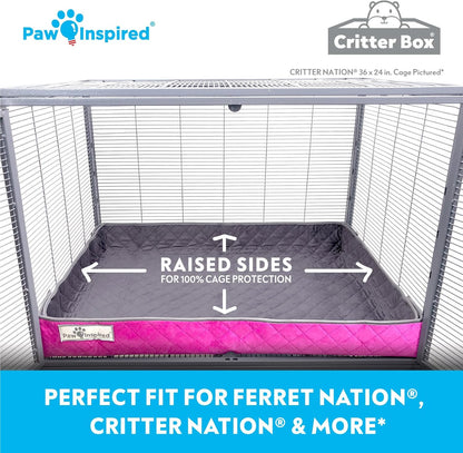 Paw Inspired Critter Box Washable Cage Liner, Reversible Fleece Bedding with Raised Sides for Ferrets, Guinea Pigs, Rats, Chinchillas, and Other Small Animals (Critter Nation/Ferret Nation, Gray/Pink)