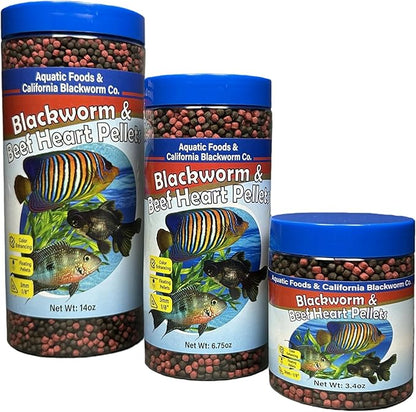 Aquatic Foods Inc. 3mm -1/18" California Blackworm & Beef Heart Floating Pellets for Marines, Cichlids, Tropical Fish, Koi & Pond Fish, 4-Type Wafer & 12-Type Pellet Mix Included 6.75oz Canister