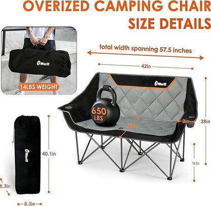 EMERIT Oversized Camping Chair with 650LB Capacity - Heavy Duty Folding Loveseat Camping Couch with Deep Seat & Rip-Resistant Fabric, Padded Comfort, Cup Holders for Outdoor, Lawn & Sports. | 650lb capacity, ripstop polyester, No center bar, cross-brac...