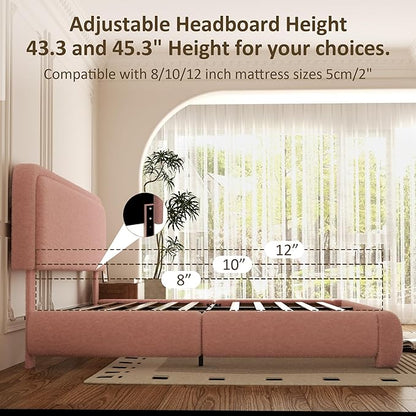 Queen Bed Frame, Teddy Velvet Boucle Bed Frame with 43.3"/45.3" Adjustable Upholstered Headboard, Rounded Corners, Mattress Foundation, No Box Spring Required, Pink