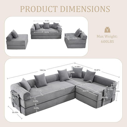106" Oversized Convertible Sleeper Sofa Bed, Corduroy L Shape Sectional Couch, Folding Sofa Bed with Side Pocket, Modern Cloud Floor Mattress Couch, Modular Sofa for Living Room, Gray