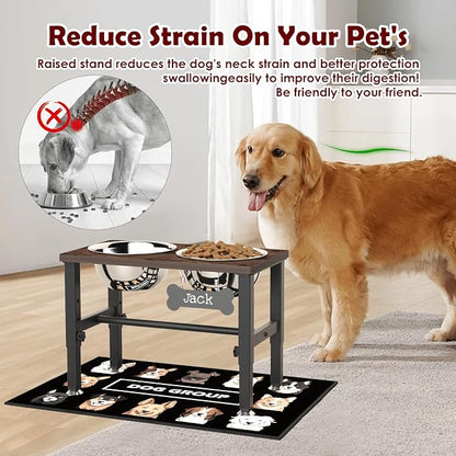 SHAINFUN Elevated Dog Bowls with Slow Feeder & Mat for Medium and Large Dogs, 12" Tall Adjustable Wooden & Metal Raised Dog Bowl Stand, 2 Stainless Steel 58oz Bowls for Food & Water