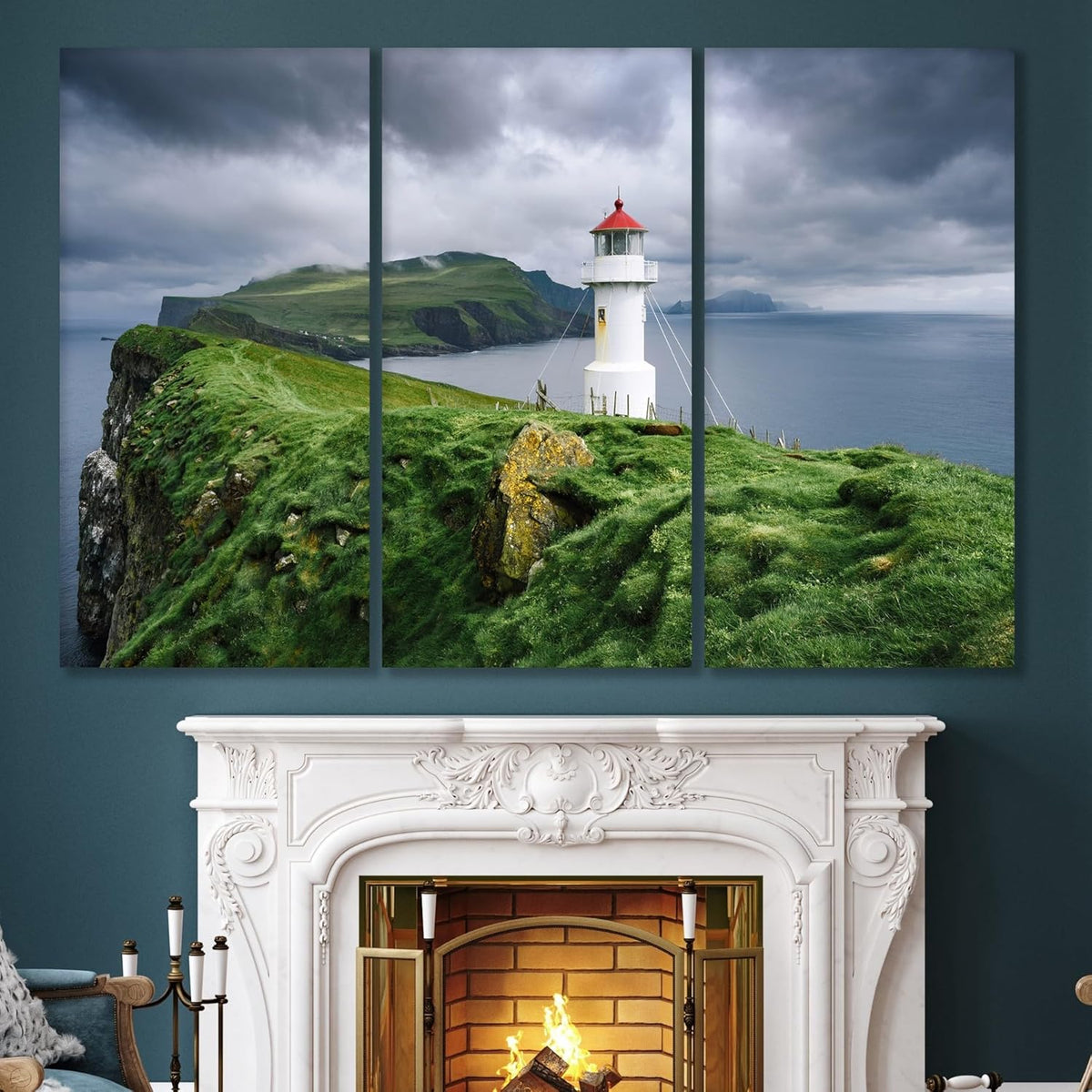 Nature Wall Art Prints - Ocean Forest Mountain Lake Canvas Landscapes - Small to Extra Large Living Room Bedroom Kitchen Bathroom Décor (Stormy Sky Lighthouse, 39L" x 59W" - 3 Panels)