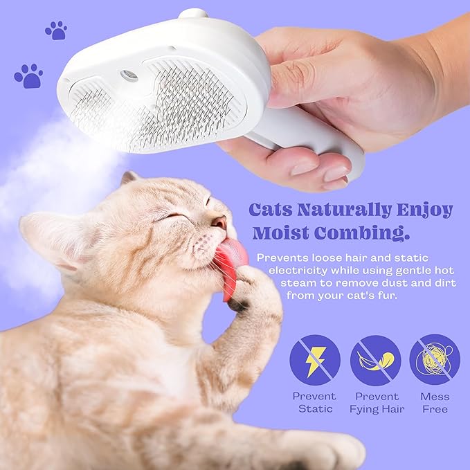 Cat Steam Brush, 3 in 1 Pet Hair Removal Tool, Self Cleaning Steamy Cat Brush for Massage, Dog Brush for Shedding, Cat&Dog Hair Remover