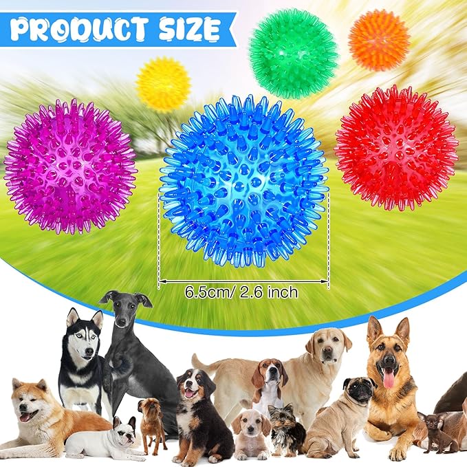 24 Pack Squeaky Dog Toys Balls 2.56'' Spiky Dog Balls Floating Pool TPR Puppy Fetch Chew Toy for Small Medium Doggy Aggressive Chewers Clean Teeth Training(Blue, Green, Orange, Purple, Red, Yellow)