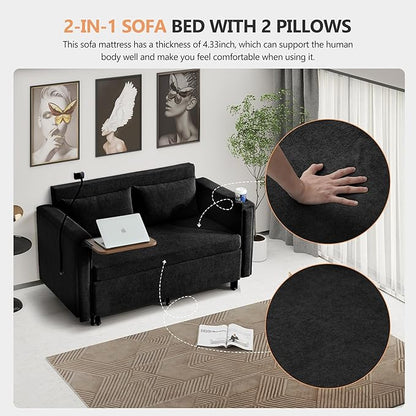 ORRD Pull Out Sofa Bed, 2-in-1 Multi-Functional Sleeper Couch Small Loveseat Bed with Hidden Side Table, Phone Holder and Cup Holder for Living Room, Small Space, Apartment (Black)