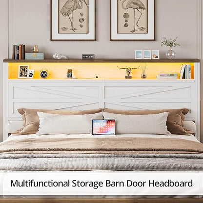 IRONCK Farmhouse King Size Bed Frame with LED Light and Charging Station, Wood Bed Frame with Storage Headboard and 2 Drawers， Barn Door Design, Sturdy and Noiseless, White