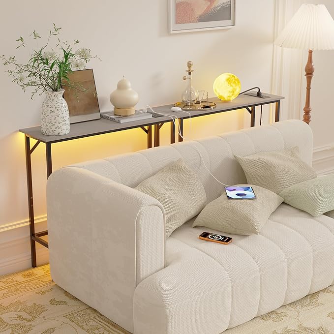 Narrow Console Table with Led Light and Charging Station，29.5" Small Entryway Table，Display Table，Entryway Hallway Thin Sofa Table Behind Sofa, Small Spaces, Living Room, Gray