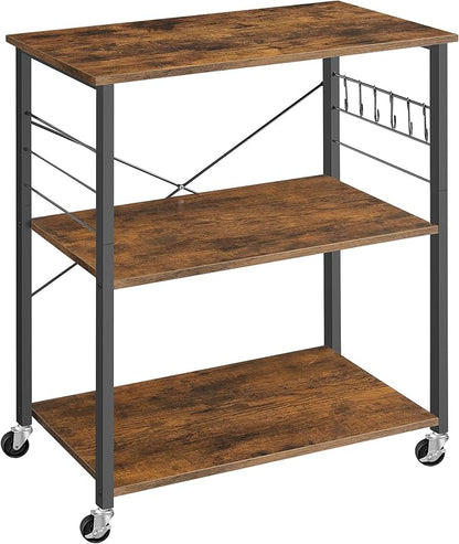 VASAGLE Kitchen Shelf on Wheels, 31.5 Inches Serving Cart with 3 Shelves, Kitchen Cart, Microwave Shelf, for Mini Oven, Toaster, with 6 Hooks, Industrial Style, Rustic Brown and Ink Black UKKS067K01