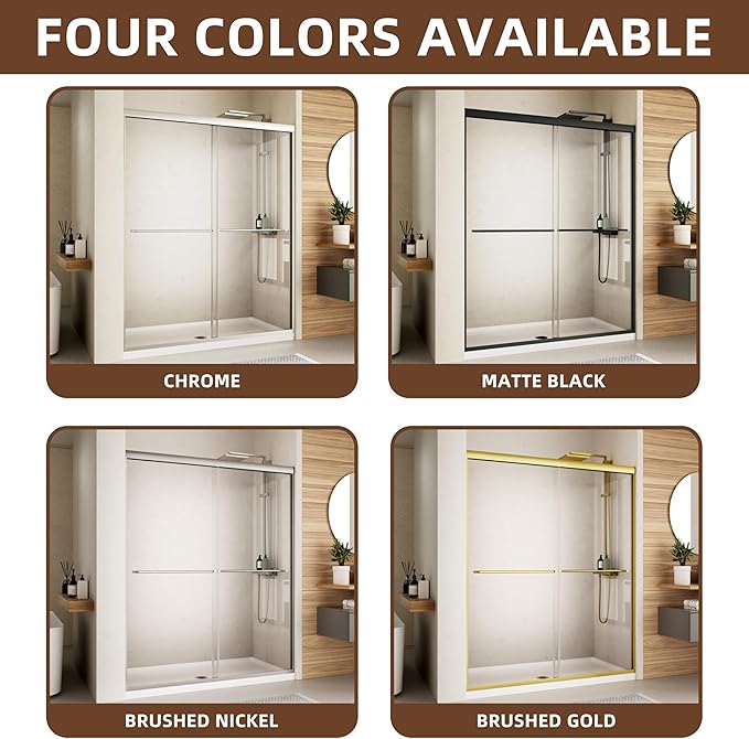 Shower Door, 44-48" W x 70" H Semi-Frameless Double Sliding Glass Shower Door