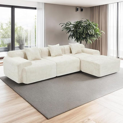 119’’ Modular Compression Sofa, L-Shaped Cloud Sectional Couch with Chaise & Deep Seating, Modern Upholstered Living Room Couch with Removable Pillows, Easy Expand Design, Beige Chenille Fabric