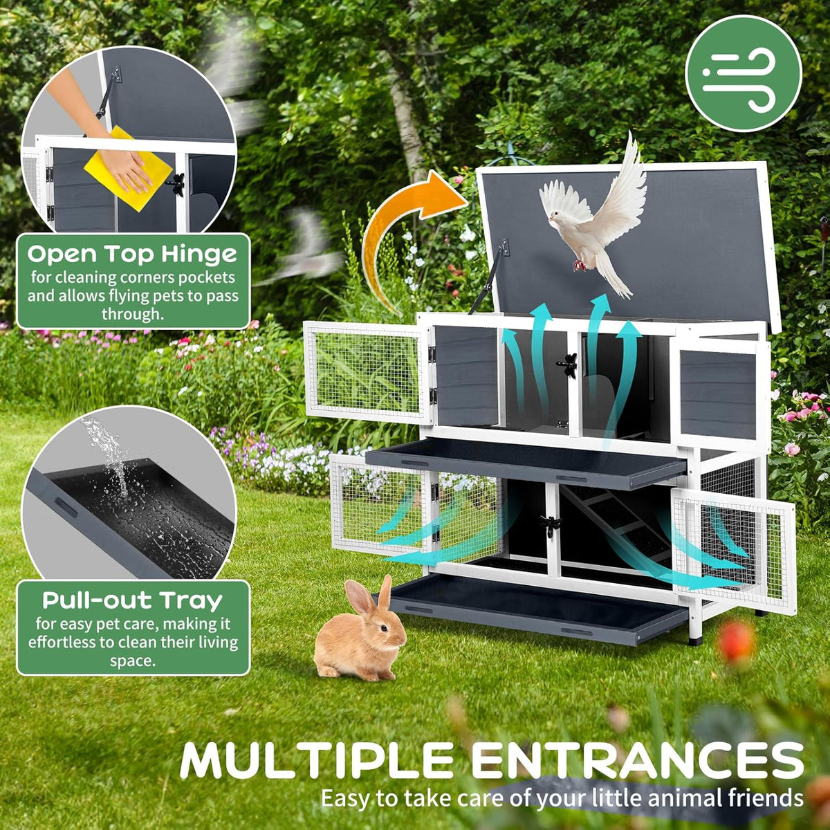 2 Story Solid Wood Rabbit/Bunny Hutch with 2 Large Main Rooms, Indoor Outdoor Rabbit House Guinea Pig Cage Pet House for Small Animals with Ventilation Door Removable Tray Waterproof Roof (Grey)