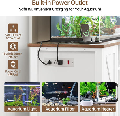 55-75 Gallon Aquarium Stand with Power Outlet, Heavy Duty Fish Tank Stand with Cabinet Storage & Adjustable Shelf, for Fish Tank, Turtle Tank, Reptile Terrarium, 1000LBS Capacity, White