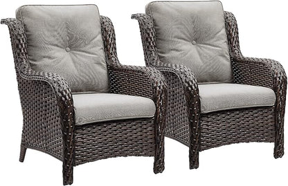Rilyson Outdoor Wicker Patio Chairs Set of 2: Rattan Dining and Porch Chairs with High Back and Deep Seating (Brown/Grey)