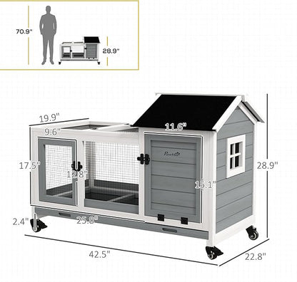 PawHut Wooden Rabbit Hutch with Wheels, Indoor Outdoor Large Bunny Hutch with Run & Slide-Out Tray for Small Animals, Rabbits, Chickens, Ducks, Guinea Pig, Gray