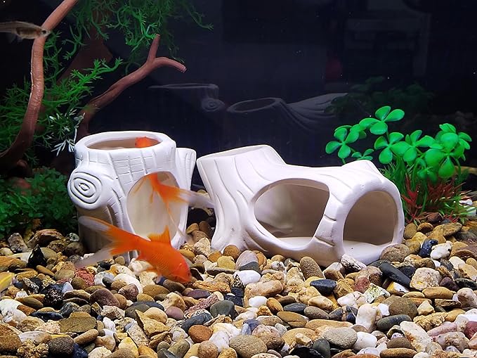2Pack SpringSmart Aquarium Decor Rock Cave and Plastic Plant Betta Fish Tank Accessories for Fish Shrimp Turtle Crab Hiding Breeding Playing Ceramic Hideout Stone for Fish Bowl