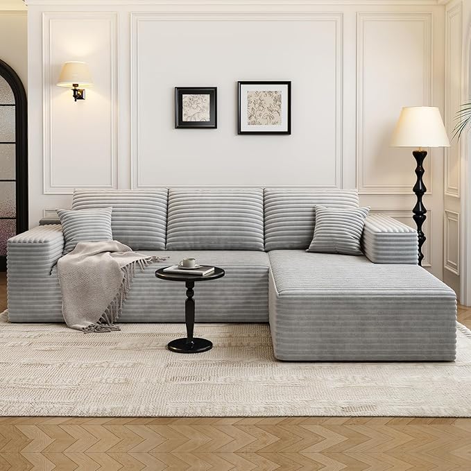 107.5" Cloud Modular Sectional Sofa Couch with L-Shape Chaise,Modern Minimalist Upholstered Couches for Living Room Bedroom,Deep Seat Corner Couch，No Assembly Required (Grey,Right Facing Chaise)