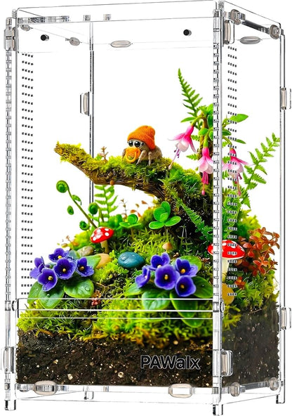 Jumping Spider Enclosure, Acrylic Terrarium with with Magnetic Doors, 0.8mm Micro-Ventilation, Stackable Escape-Proof Habitat for Jumping Spiders, Tarantulas & Small Reptiles, 4.7"x4.7"x9"