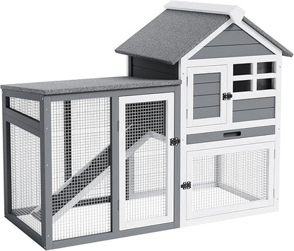 2-Story Rabbit Hutch, Small Wooden Chicken Coop, with Waterproof Roof, Pull Out Tray and Anti-Slip Ramp, Bunny Cage for Indoor Outdoor (45.28" L x 20.08" W x 36.61" H)