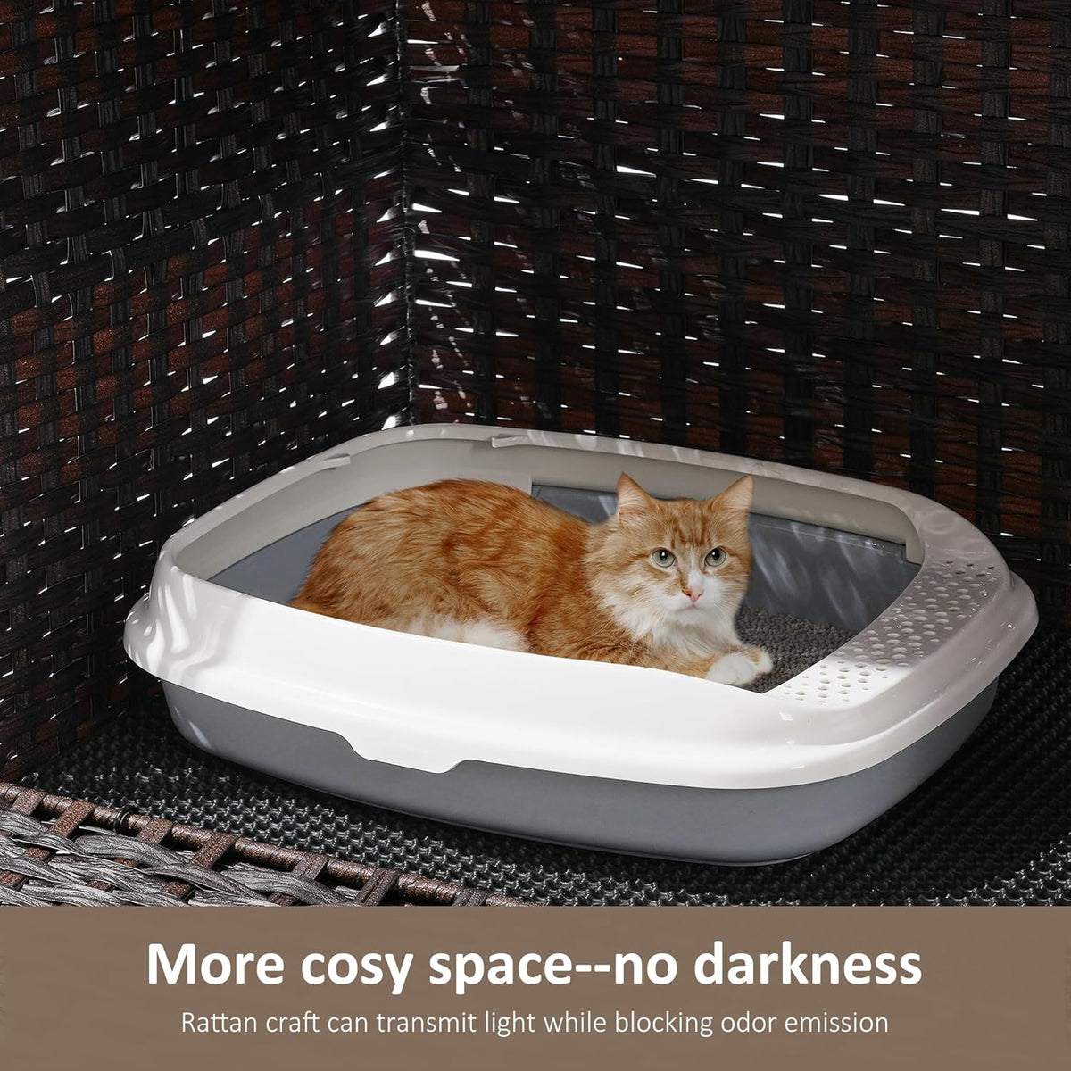 Cat Litter Box Enclosure with Soft Litter Mat; Hidden Cat Washroom Furniture with Door; Handwoven Rattan Cat House with Large Space; Pet Crate for Living Room, Bedroom, Balcony (Brown)