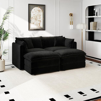 Aoowow Modular Sectional Sofa Modern Convertible Loveseat Couch,77.16 Inch Deep 2-Seater Sofas Comfy Chenille Cloud Sofas and Couches Set with 2 Movable Ottoman for Living Room Apartment（Black）
