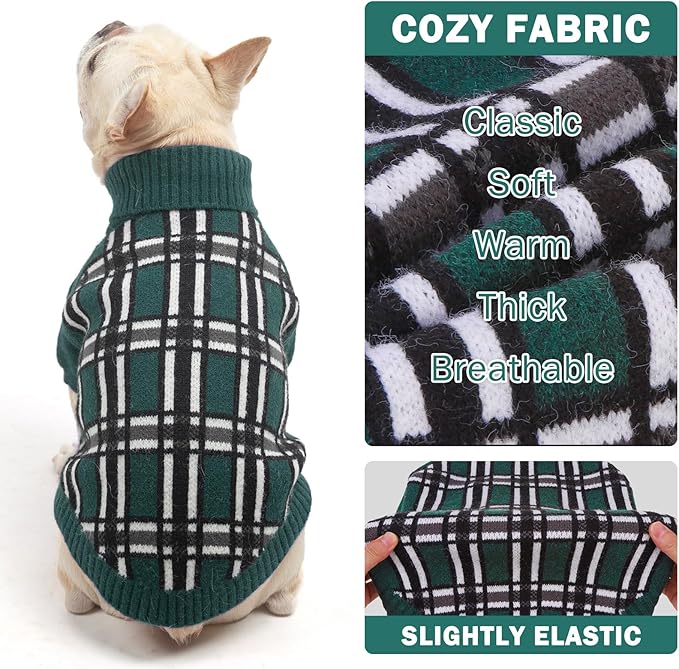 SCENEREAL Turtleneck Dog Sweater for Small Medium Large Dogs Girls Boys, Christmas Plaid Pullover Puppy Sweatershirt, Dogs Cold Weather Outfit Clothes, Ideal Gift for Pet in New Year, Green Plaid S