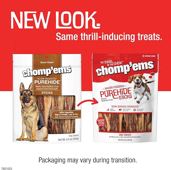 CHOMP 'EMS Purehide Chews - Slow Roasted Naturally Delicious Rawhide Dog Treats - High Protein Beef Hide - Bacon Flavor, Sticks, 8.5 Oz.