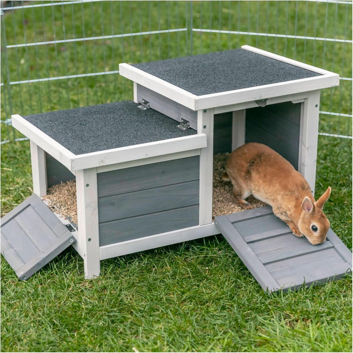 TRIXIE natura Small Animal House - Outdoor/Indoor Rabbit Hideout with Hinged Roof & Raised Floor - Solid Wood House with 2 Entry Ramps, Weather-Resistant Home for Bunnies & Guinea Pigs - in Gray