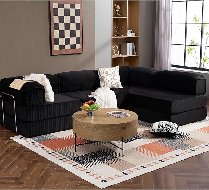 108" L Shaped Couch, Modular Sectional Sofa with Chaise, Cloud Boneless Couch with Deep Seat & Removable Pillow for Living Room, Bedroom,No Assembly Required（Black）