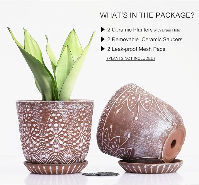Gepege 6 Inch Beaded Ceramic Planter Set of 2 with Drainage Hole and Saucer for Plants, Indoor-Outdoor Large Round Succulent Orchid Flower Pot