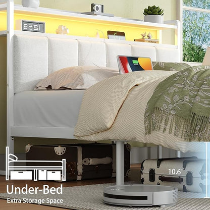 Twin Bed Frames with Charging Station and LED Lights, Metal Platform Bed Frame Twin with Upholstered Storage Headboard, Heavy Duty Metal Slats Support, No Box Spring Needed, Easy Assembly, White