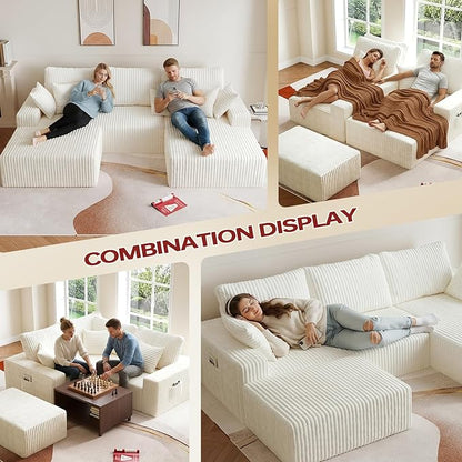 108" U Shaped Sectional Couch with Ottoman, Corduroy Modular Sectional Sofa with Deep Seat, Modern Modular L-Shape Sofa Couch with Chaise,Upholstered Boneless Couches for Living Room Bedroom