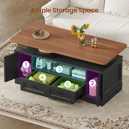 SEDETA 47.2" Electric Standing Coffee Table with Storage, Farmhouse Lift Top Coffee Table with Drawers and Open Shelves, Height Adjustable Tables with Power Outlet, for Living Room, Black