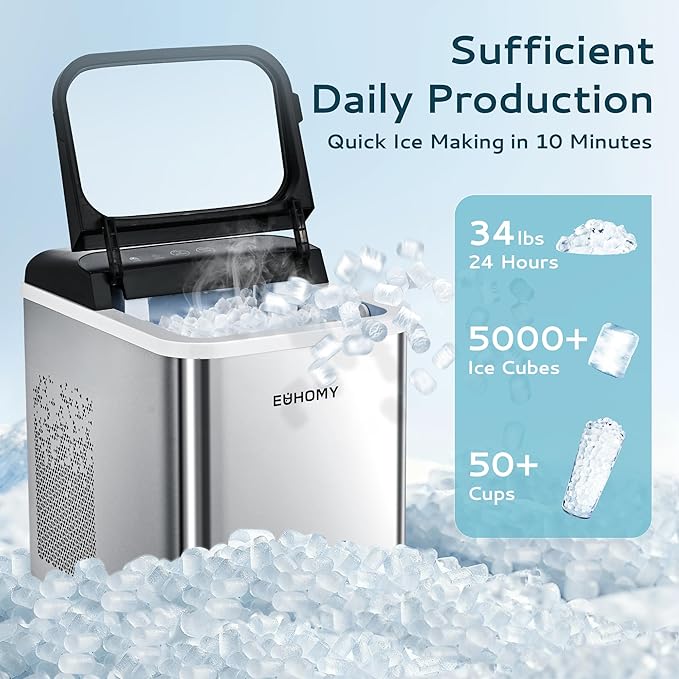 EUHOMY Nugget Ice Maker Countertop, Ready in 8 Mins, Self-Cleaning, 34lbs/24H