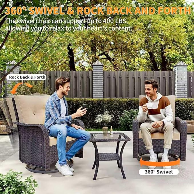 Gotland 11 Pieces Patio Furniture Set with Fire Pit Table Swivel Chairs, PE Rattan Outdoor Furniture with 29.5'' High Backrest 4’’ Thick Cushions, Outdoor Sectional for Porch, Deck, Garden, Khaki