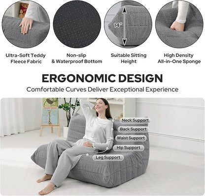 HABUTWAY Bean Bag Chairs Fireside Lazy Floor Sofa, Soft Teddy Fleece 2 Seater Sofa with High-Resilience Foam Filling，Beanbag for Living Room, Bedroom, Office (Light Gray Teddy)