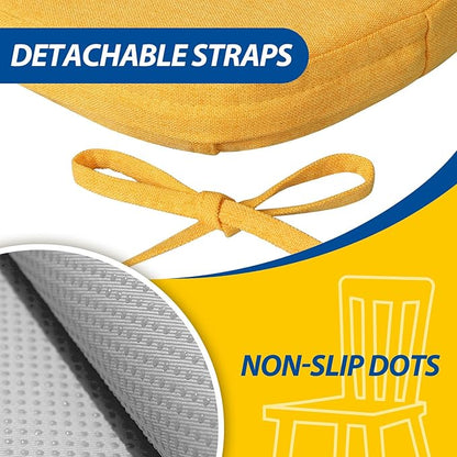 AAAAAcessories D-Shaped Chair Cushions, 2" Thick Dining Chair Pads with Ties and Removable, Machine-Washable Cover, 17" x 16", Set of 4, Golden Yellow
