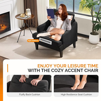 VINGLI Linen Fabric Accent Chair Black, Modern Upholstered Armchair, Comfy Sofa Chair Living Room Bedroom Furniture for Apartment