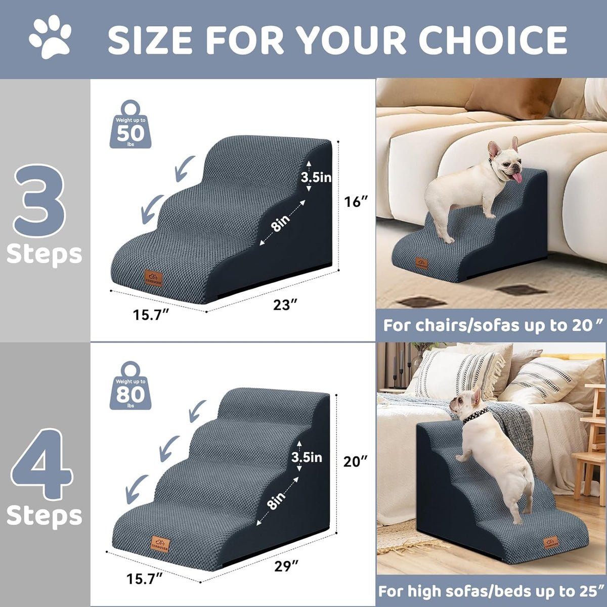 Dog Ramp and Stair for Bed 16" H-20 H,3-Step Cat Stair for Sofa and Chair,4-Step Dog Ramp for High Bed and Window,Durable Nonslip Fabric Cover for Indoor (Dark Grey-16 H, Pet Friendly, 3)