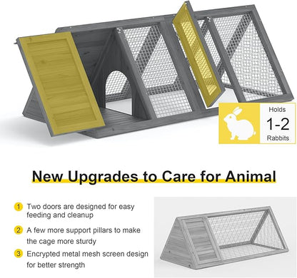 Rabbit Hutch, Small Chicken Coop Outdoor A-Frame Quail Cage with 2 Door & Run Cage Wooden Triangle Quail Hutch with Ventilating Wire Poultry Hutch for Small Animal (Gray)