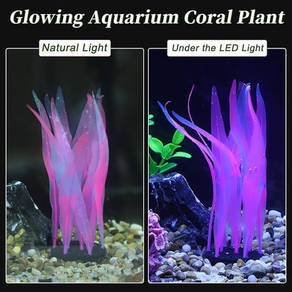 Aquarium Glowing Kelp Plant, Soft Silicone Glowing Fish Tank Decorations, Fluorescence Coral Decor for Aquarium Decor Pink 2pcs
