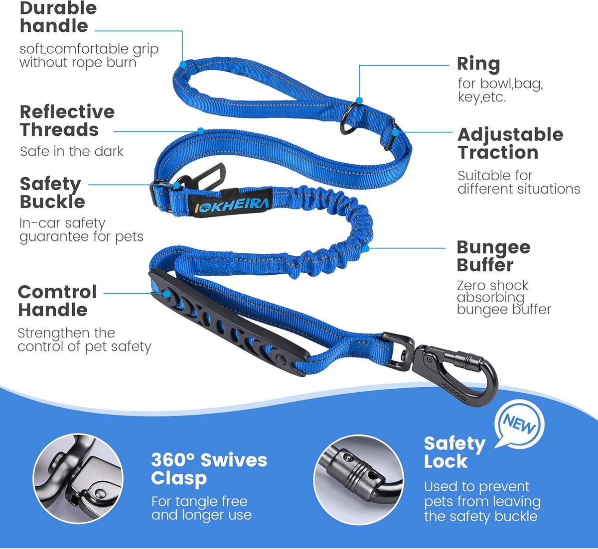 IOKHEIRA 6Ft /4Ft Dog Leash Rope for Large Dogs, Heavy Duty with Comfortable Padded Handle and Highly Reflective Threads,4-in-1 Multifunctional Dog Leashes with Car Seat Belt for Training (Blue)