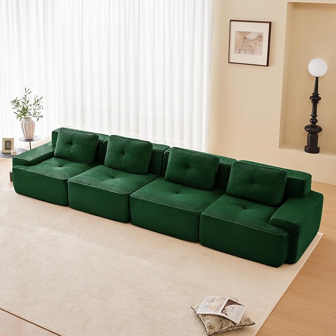 150.4'' Sectional Sofa, 32D Foam Corduroy Boneless Couch with Pillow, Deep Seat Wide Arm Sectional Couch for Apartment, Living Room, Bedroom