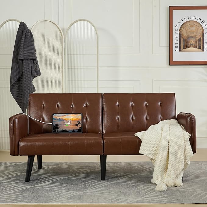 TYBOATLE 65“ Convertible Futon Sofa Bed w/ 2 USB,Tufted Small Adjustable Folding Couch Loveseat, Modern Mid Century Faux Leather Sleeper Sofa for Living Room, Bedroom,Office, Brown
