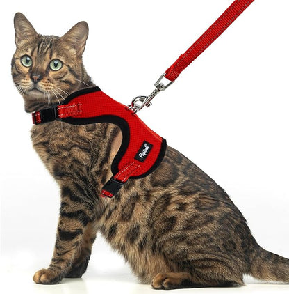 PUPTECK Cat Harness and Leash Set Escape Proof, Reflective Adjustable Soft Mesh Kitten Vest Harness for Walking Travel, Red, S