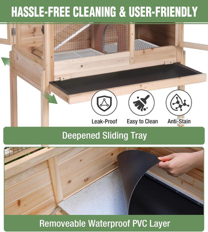 GUTINNEEN Guinea Pig Cage Rabbit Cage Indoor with Chew-Proof Edges, Clean Deep Tray, Leakproof PVC Layer, Small Animals Cage with Adjustable Legs - Natural Wood Color