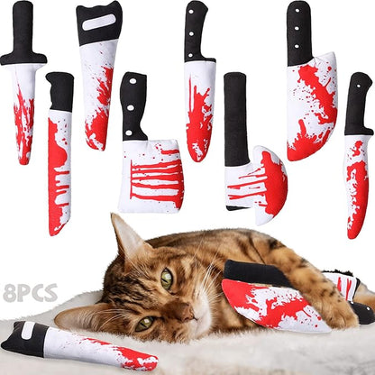 Honoson 8 Pcs Knife Cat Chew Toys Catnip Toys Interactive Stuffed Kitten Chew Toys Teething Resistant for Christmas Halloween Indoor Kitten Cats Boredom Relief Teeth Cleaning(Knife Pattern)